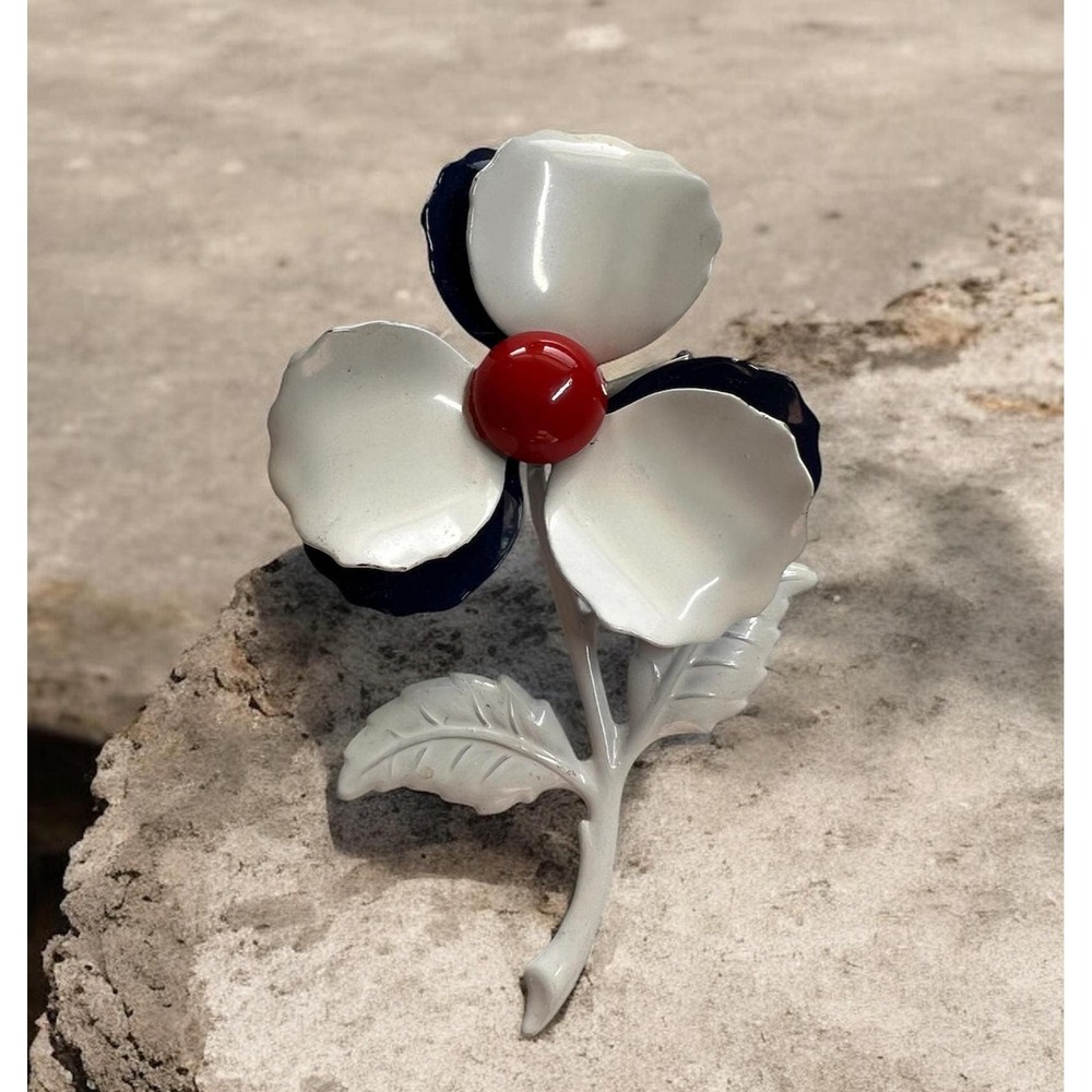 Vintage 60s Patriotic Floral‎ Red White Blue Enameled Pin 3.75" Long